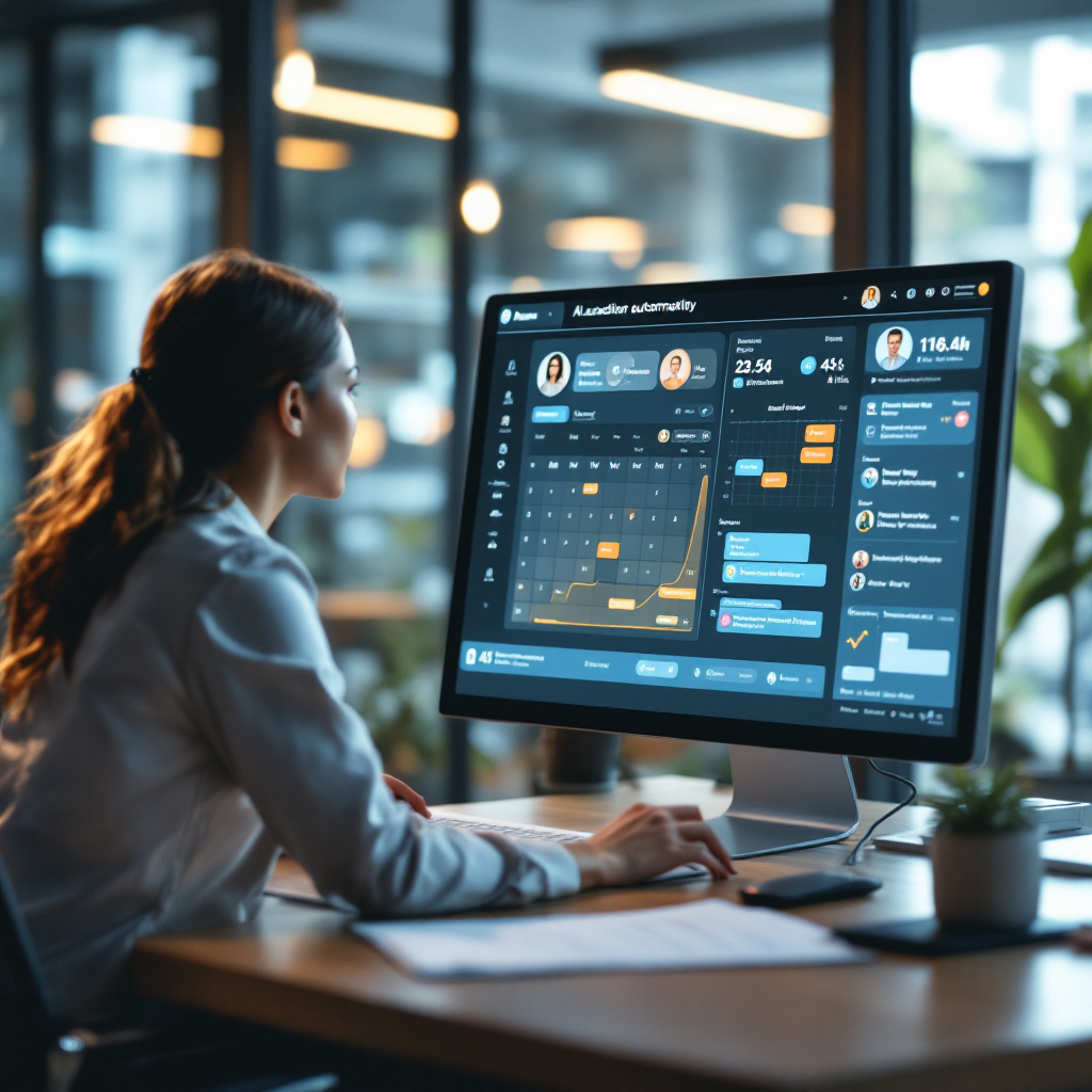 AI executive assistant managing calendar An executive at a desk viewing a digital interface showing an AI assistant managing a calendar and scheduling meetings automatically