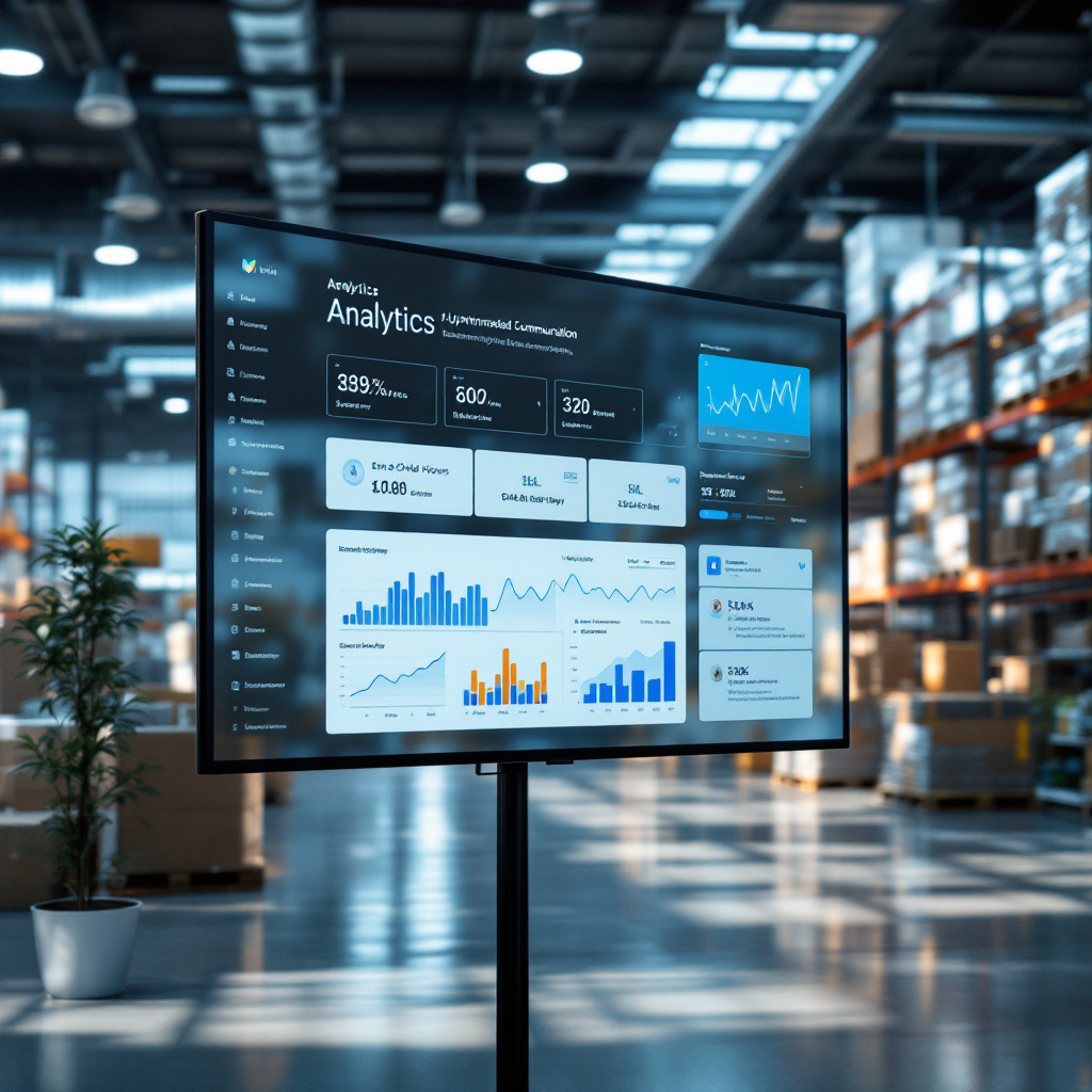 Analytics dashboard for supply chain email automation Analytics dashboard on a large display showing open rates, email send times, and supply chain delay trends for automated communication