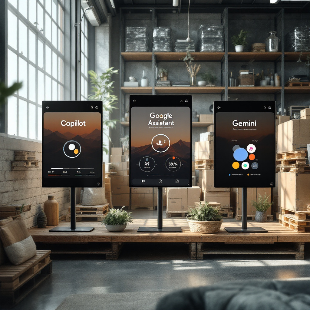 Comparison of Copilot, Google Assistant, and Gemini Three AI assistant interfaces shown side by side, comparing features of Copilot, Google Assistant, and Gemini