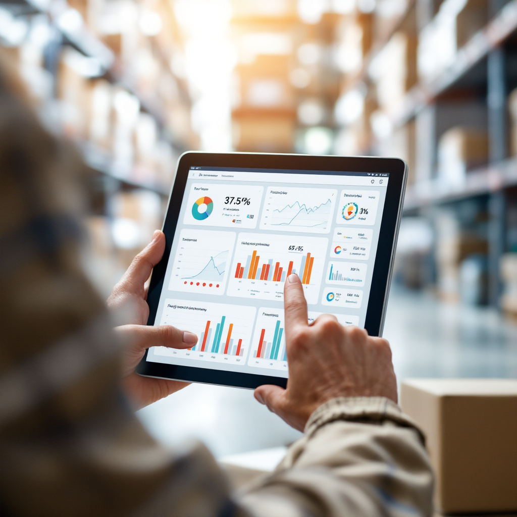 Digital dashboard for route and inventory management A digital logistics dashboard on a tablet showing route optimization maps, inventory management charts, and freight coordination schedules