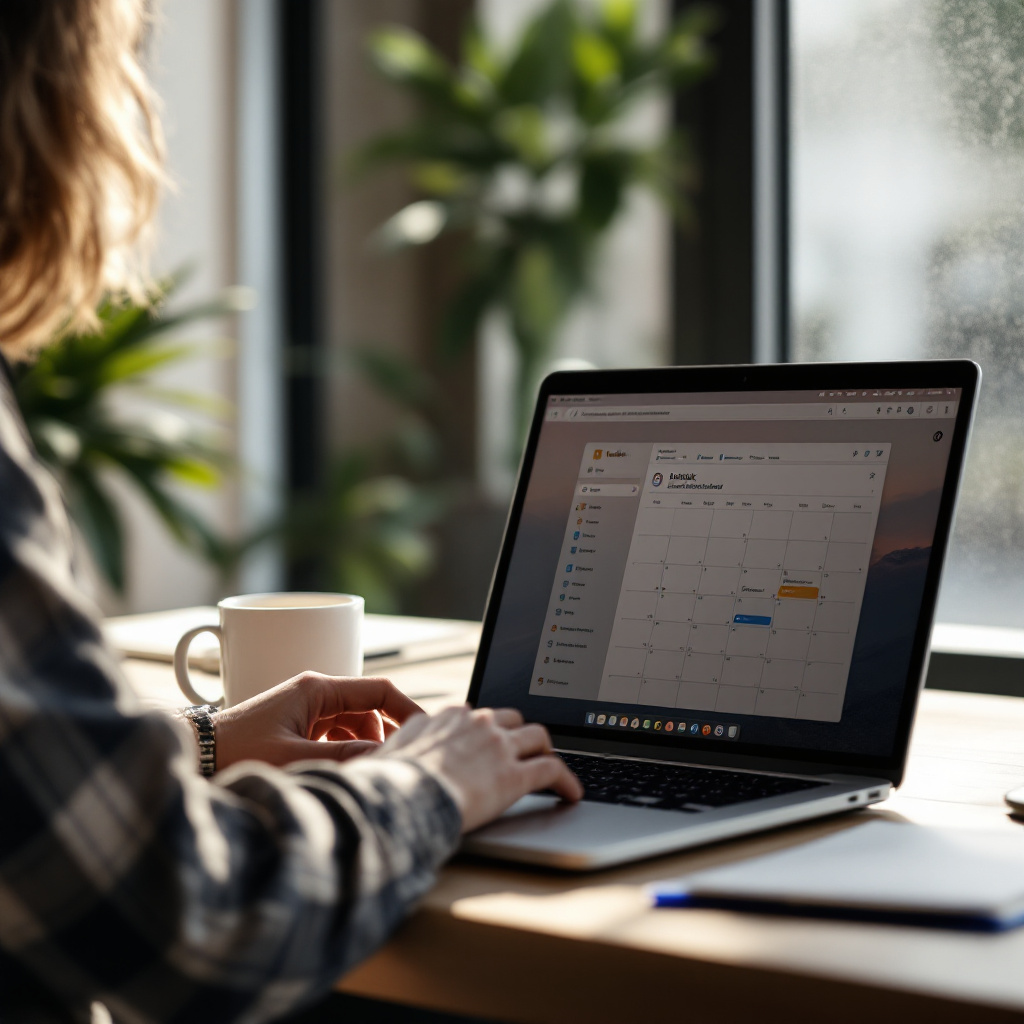 Laptop displaying Microsoft Outlook interface Professional workspace with a laptop open to Microsoft Outlook calendar and email interface, coffee mug nearby