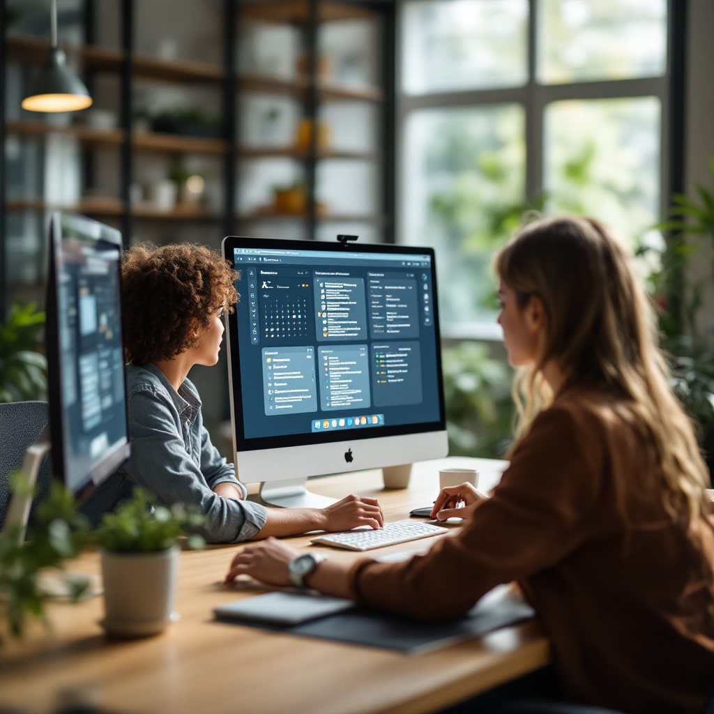 Office with AI assistants managing tasks A modern office environment where employees collaborate while AI assistants on computer screens manage calendars and emails