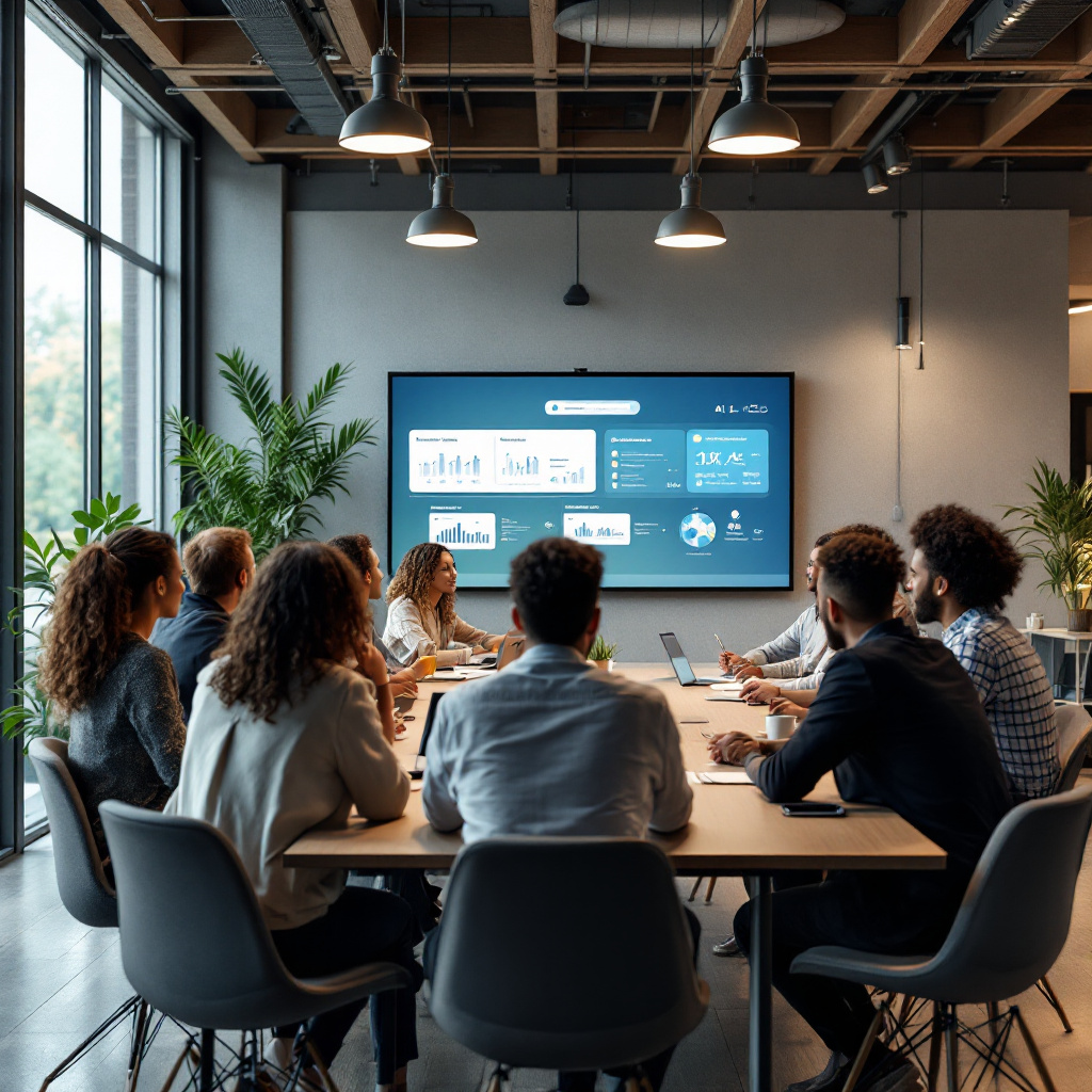Equipe em uma reunião híbrida usando assistente de reuniões com IA para Microsoft Teams Equipe em uma reunião híbrida usando assistente de reuniões com IA para Microsoft Teams