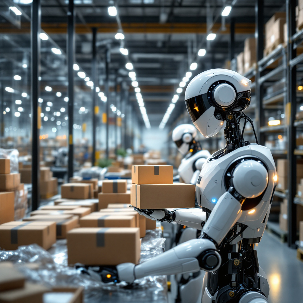 Armazém automatizado com robôs movidos por IA Armazém automatizado com robôs movidos por IA