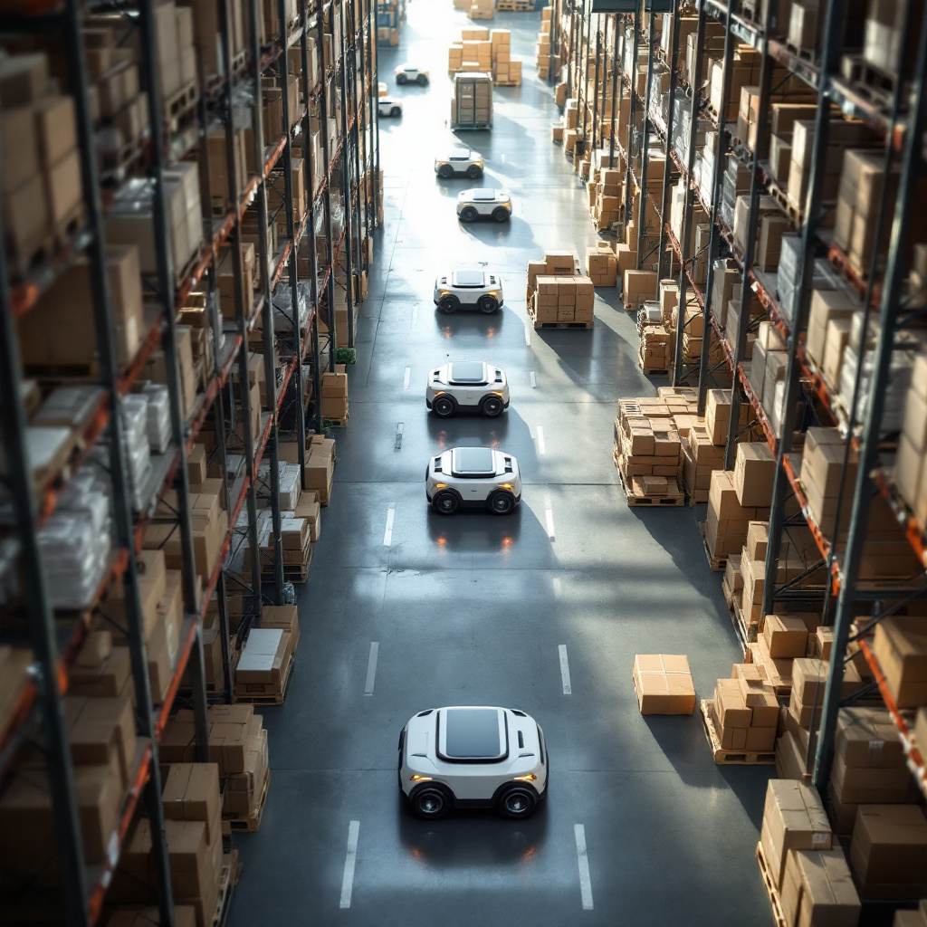 Autonóm robotok működnek egy raktárban Autonóm robotok működnek egy raktárban
