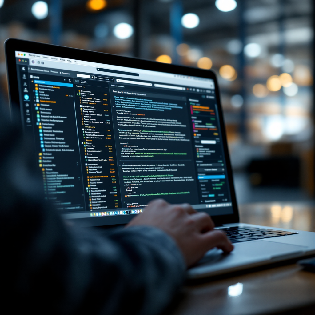 AI composing logistics email using system data A close-up of a laptop screen showing an AI assistant composing an email with logistics data pulled from an ERP system and a warehouse in the background, no text or numbers