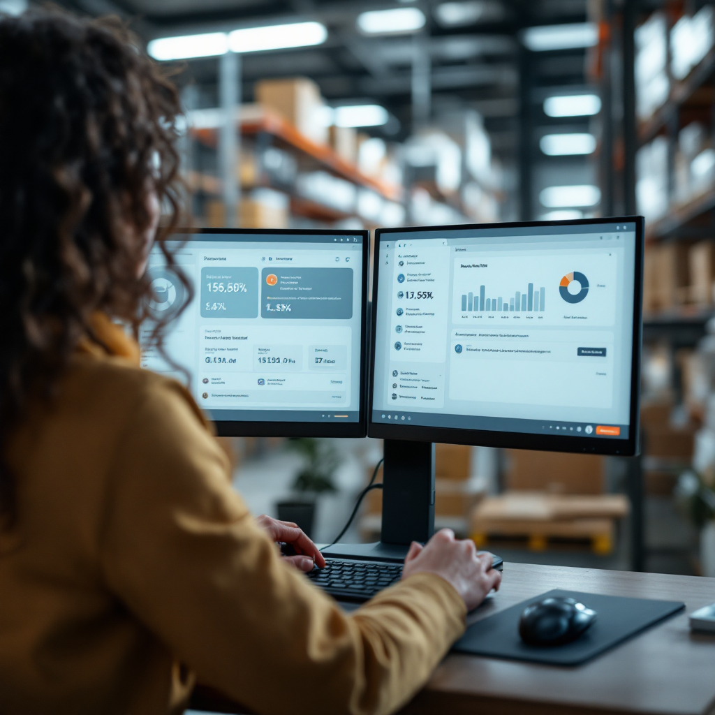 AI dashboard and agent editing reply A split-screen showing an AI dashboard on one side and a human agent editing an email reply on the other, modern UI elements, no text