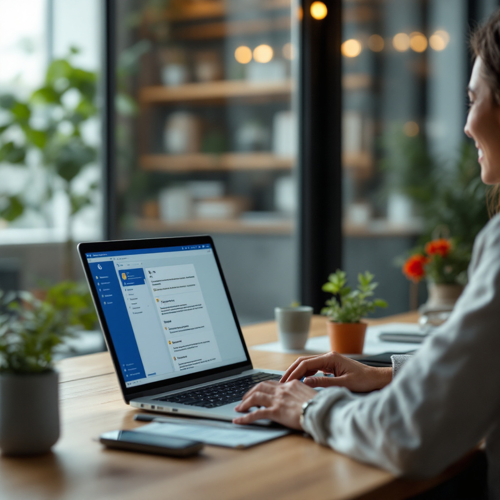 AI drafting email in Outlook A realistic office desk with a laptop displaying an AI email drafting interface inside Outlook, with a person smiling at the screen