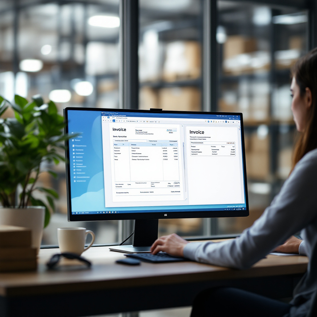 AP specialist reviewing extracted invoice fields High-resolution office scene showing an accounts payable specialist reviewing a scanned invoice on a monitor with highlighted extracted fields, no text or numbers in the image