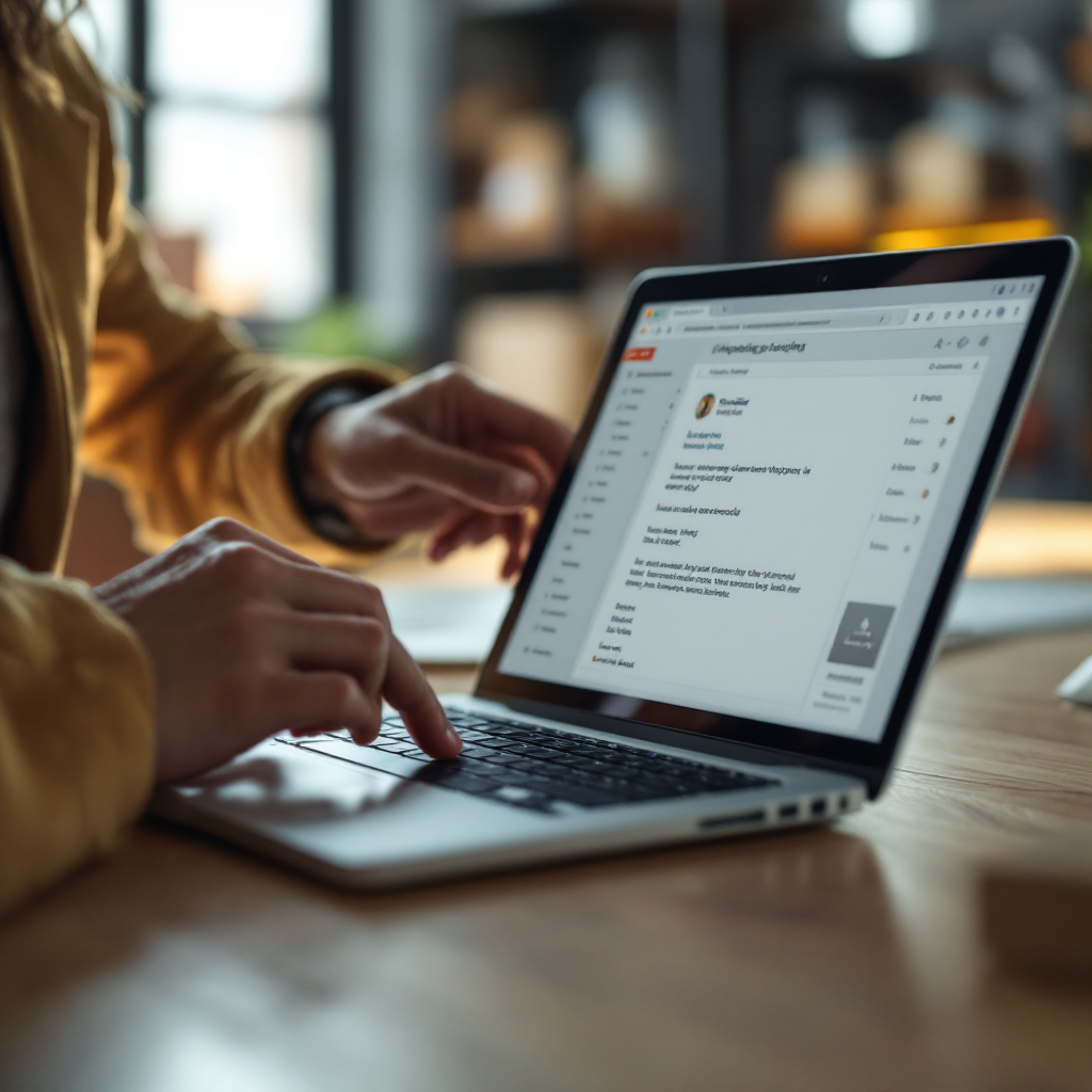 Automated email draft integrates shipment data Close-up of automated email being drafted on a laptop with logistics data fields and attachments visible, showing integration of shipment data into the message, no text or numbers