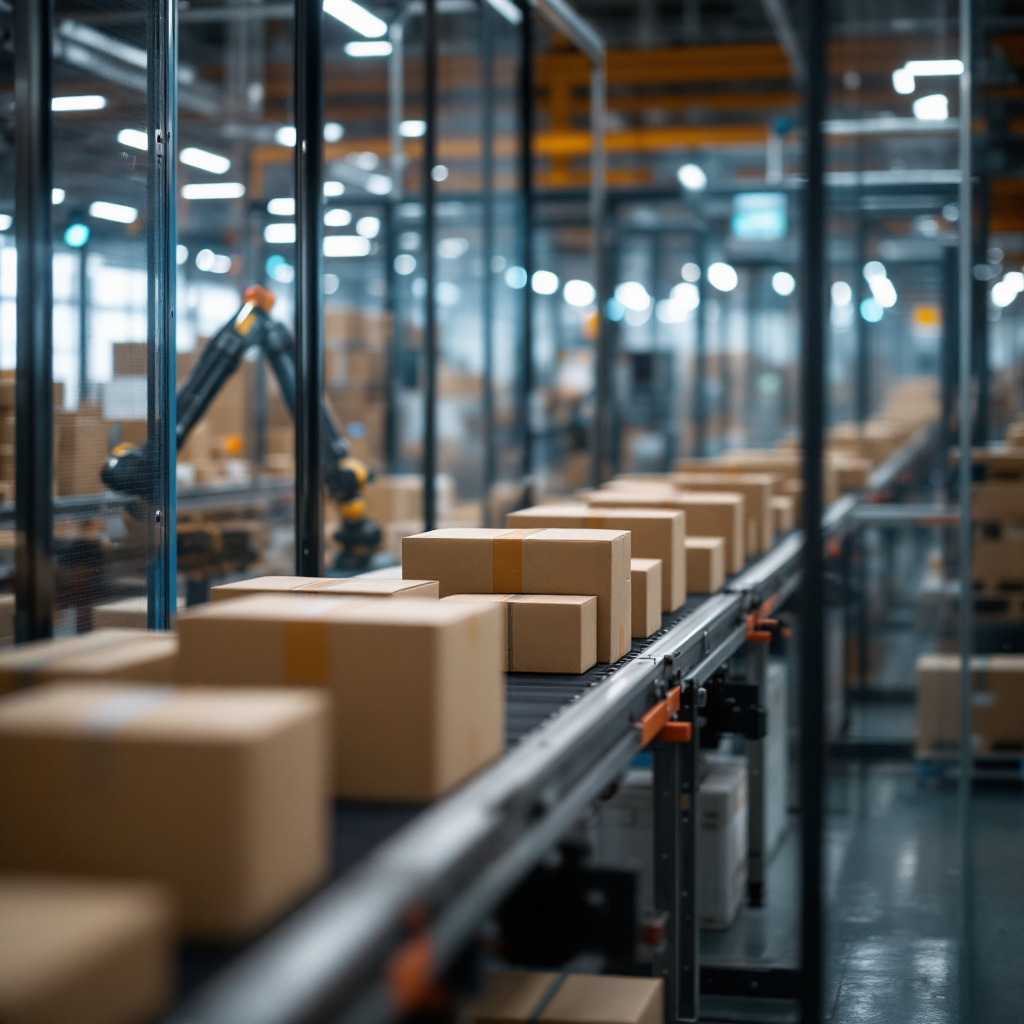 Automated fulfillment center Automated fulfillment center with robotic systems and conveyors processing packaged orders