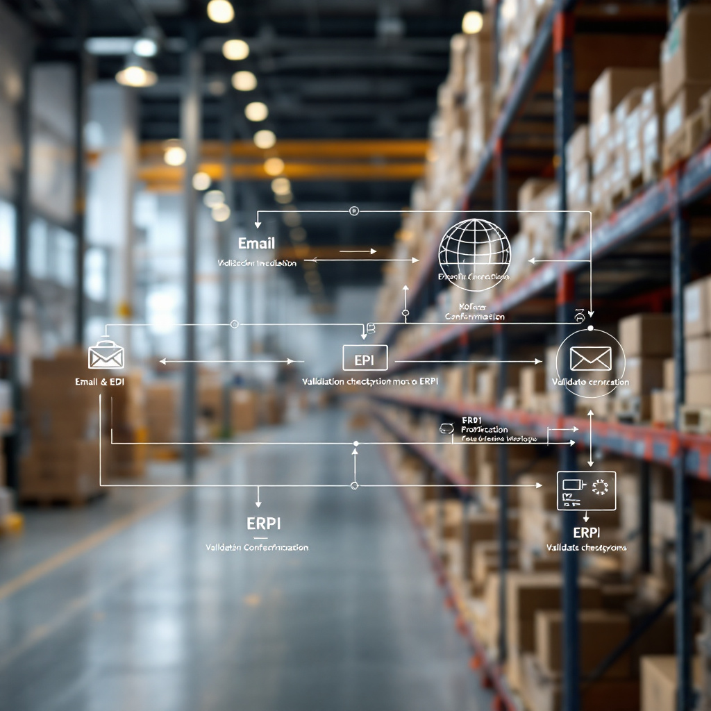 Flujo de datos de correos electrónicos y EDI hacia el ERP con puntos de validación