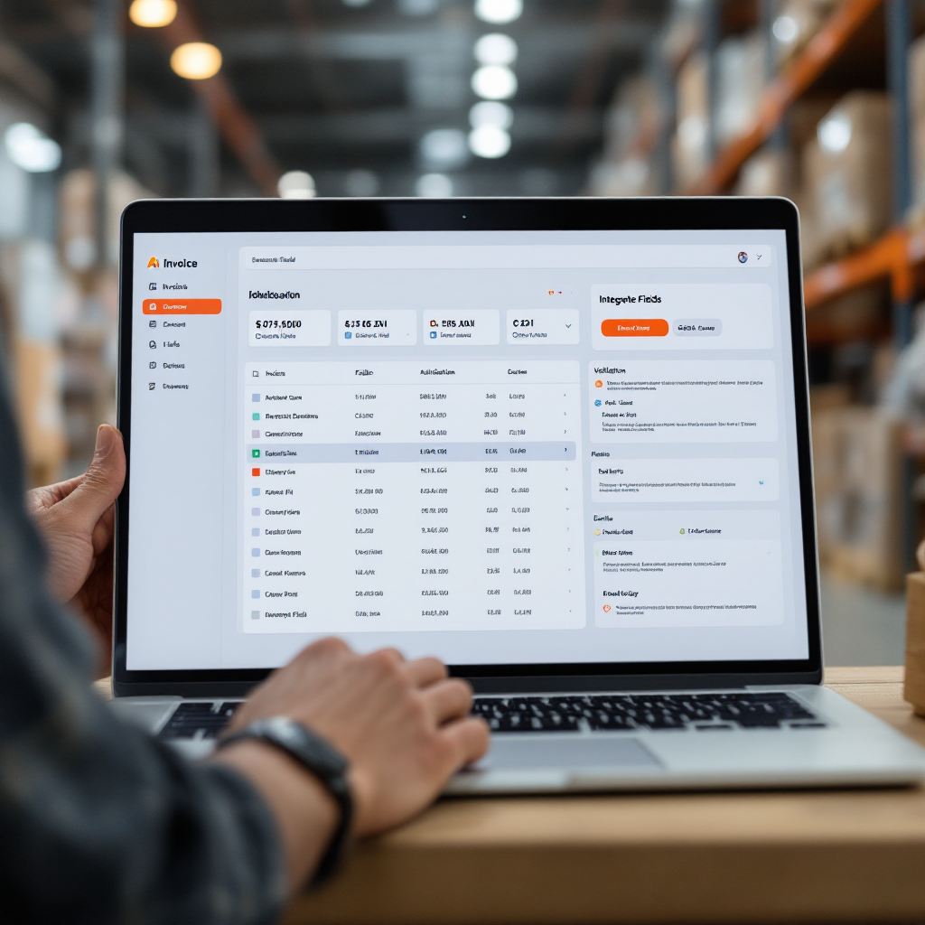 A clean interface of an AI-powered document extraction dashboard showing extracted fields from invoices and highlighted validation flags, with a separate panel listing integration options like CSV, XML, and API, no text or logos