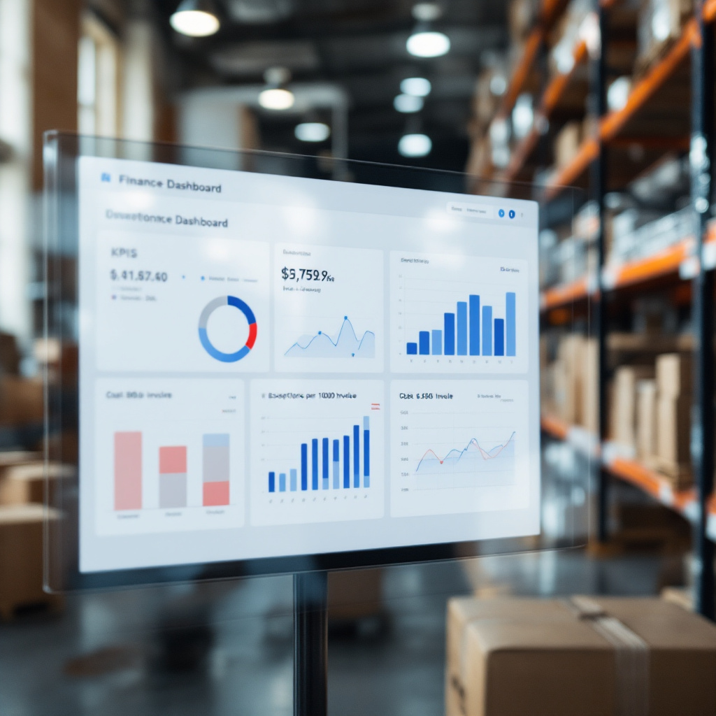Finance dashboard with invoice processing KPIs A finance dashboard showing KPIs like cycle time, error rate, exceptions per 1000 invoices, and cost per invoice; modern UI, clean charts, no text in image