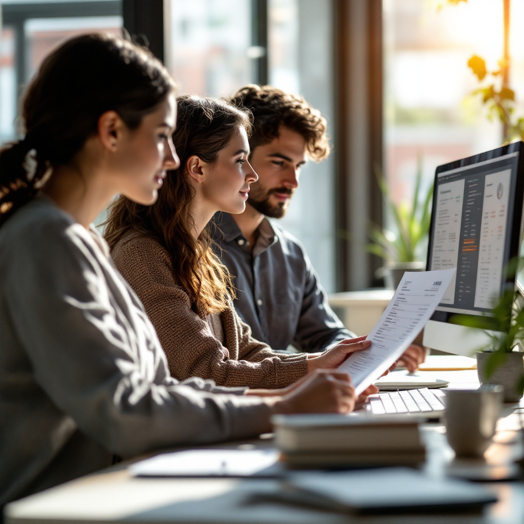 Finance team using OCR technology for invoice capture An office finance team using AI-powered OCR software to process paper and digital invoices, with monitors displaying invoice data extraction on screen