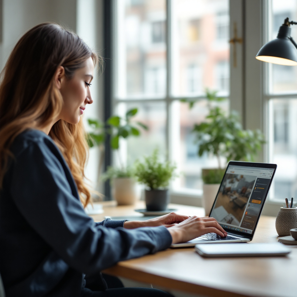 Freelancer using AI assistant on laptop Freelancer working remotely while interacting with an AI assistant on a laptop in a bright home office