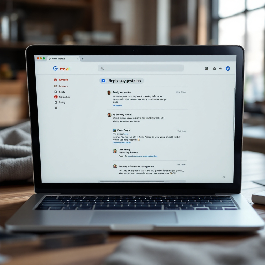 Laptop screen showing Gmail with AI-generated reply suggestions in a response box