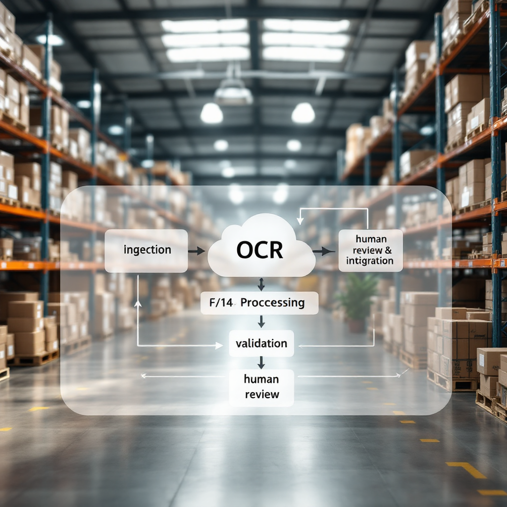 Ablaufdiagramm, das Ingestion, OCR‑Vorverarbeitung, Parsing, Validierung, manuelle Prüfung und API‑Integration zeigt; einfache Symbole und Pfeile ohne Text Ablaufdiagramm, das Ingestion, OCR‑Vorverarbeitung, Parsing, Validierung, manuelle Prüfung und API‑Integration zeigt; einfache Symbole und Pfeile ohne Text