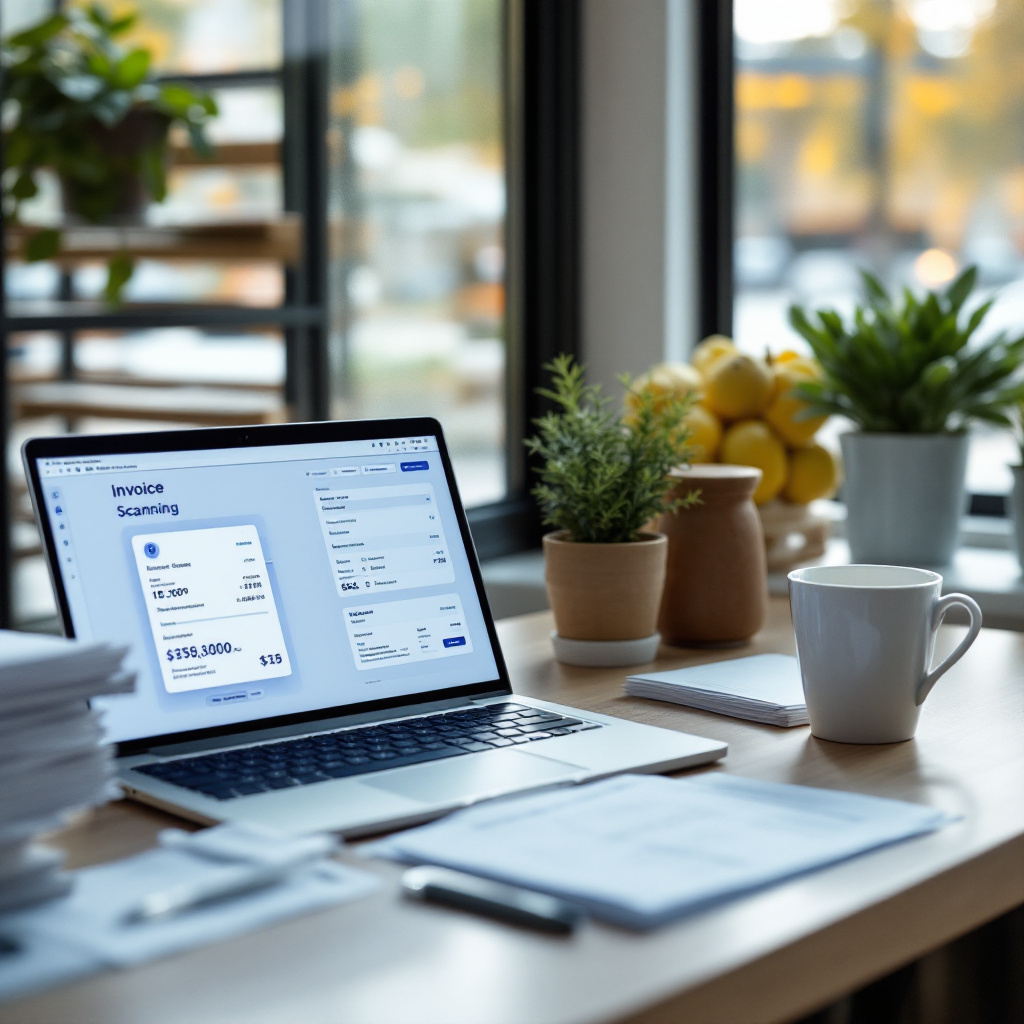 Invoice scanning workflow on a laptop screen Office desk with a laptop showing an invoice scanning workflow, stacks of papers beside it, and a coffee cup, modern clean aesthetic, natural light