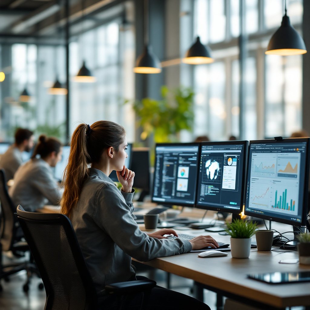 Trabajadores de oficina usando software impulsado por IA