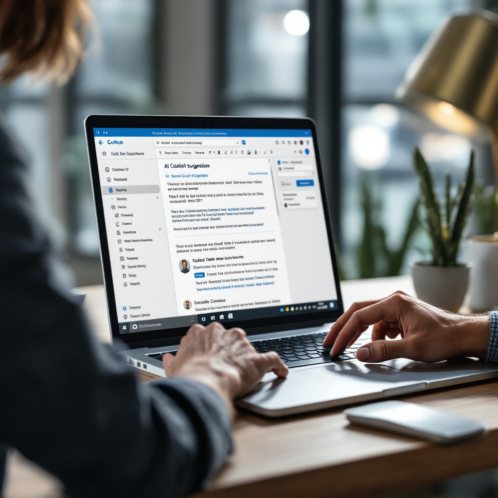 Outlook AI Copilot assisting email drafting A modern office workspace with a laptop open to Microsoft Outlook showing an AI Copilot email suggestion on screen, with a person reviewing and editing the email, realistic lighting