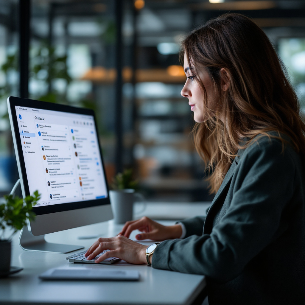 Outlook AI organizing inbox Person using Outlook inbox with AI assistant suggestions highlighted on the screen, modern workspace background