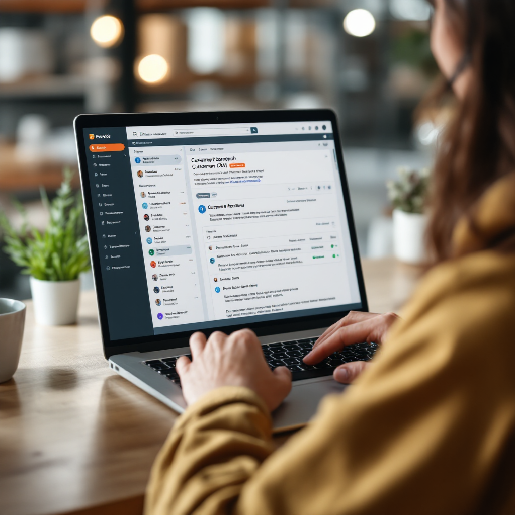 An over-the-shoulder view of a customer support agent using a laptop showing a CRM dashboard and an open email thread, with highlighted customer record and attachments, soft focus background