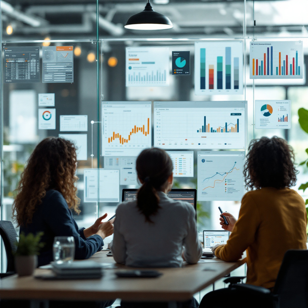 Equipo colaborando con asistente de IA para la gestión de flujos de trabajo ejecutivos Equipo colaborando con asistente de IA para la gestión de flujos de trabajo ejecutivos