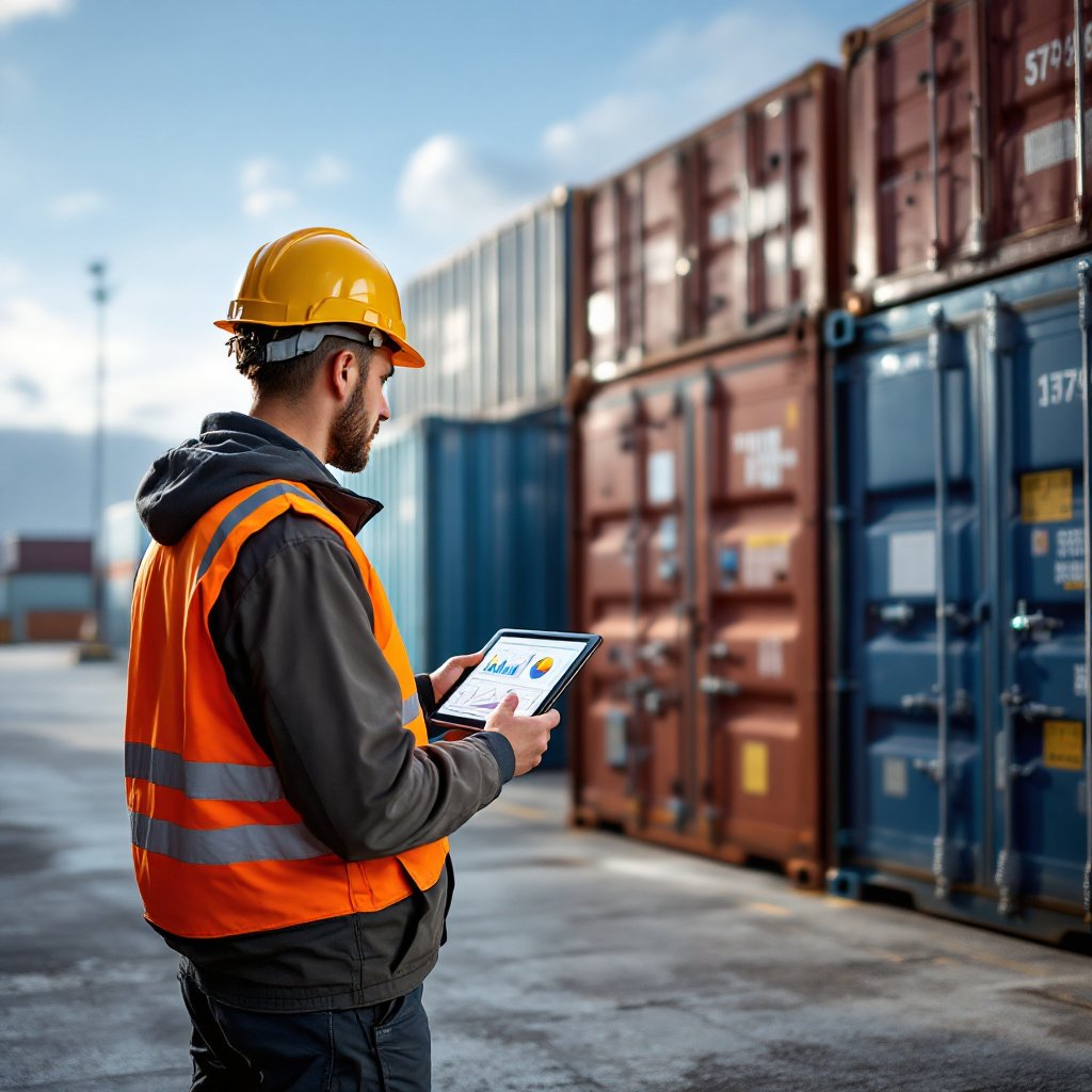 Techniker, der Containerdiagnosen mit einem Tablet durchführt