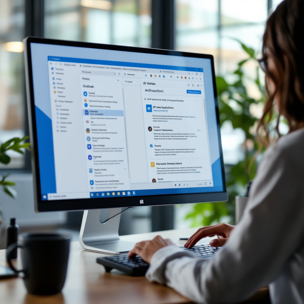 User viewing AI email suggestions in Microsoft Outlook Office worker using a computer with Microsoft Outlook open, showing AI-powered email suggestions in the interface, modern office background