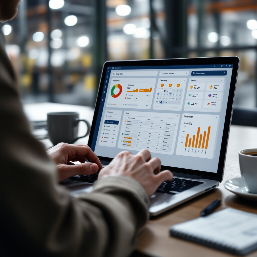 VA using logistics dashboard to update shipments Close-up of hands on a laptop showing a logistics dashboard with shipment markers and a calendar next to a checklist and a cup of coffee, no text or numbers