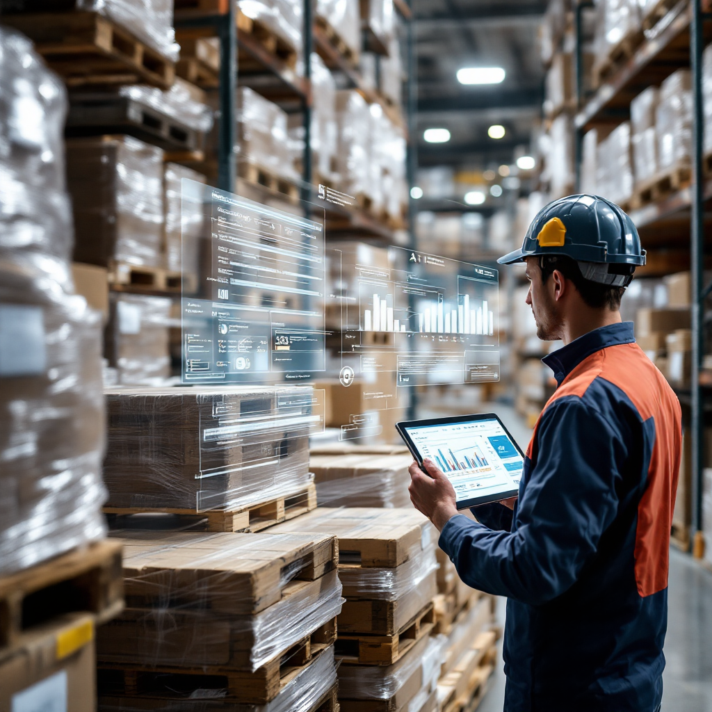 Warehouse scene showing stacked pallets, a worker using a tablet with a routing and pallet optimisation interface visible, and an AI suggestion overlay represented abstractly, no text
