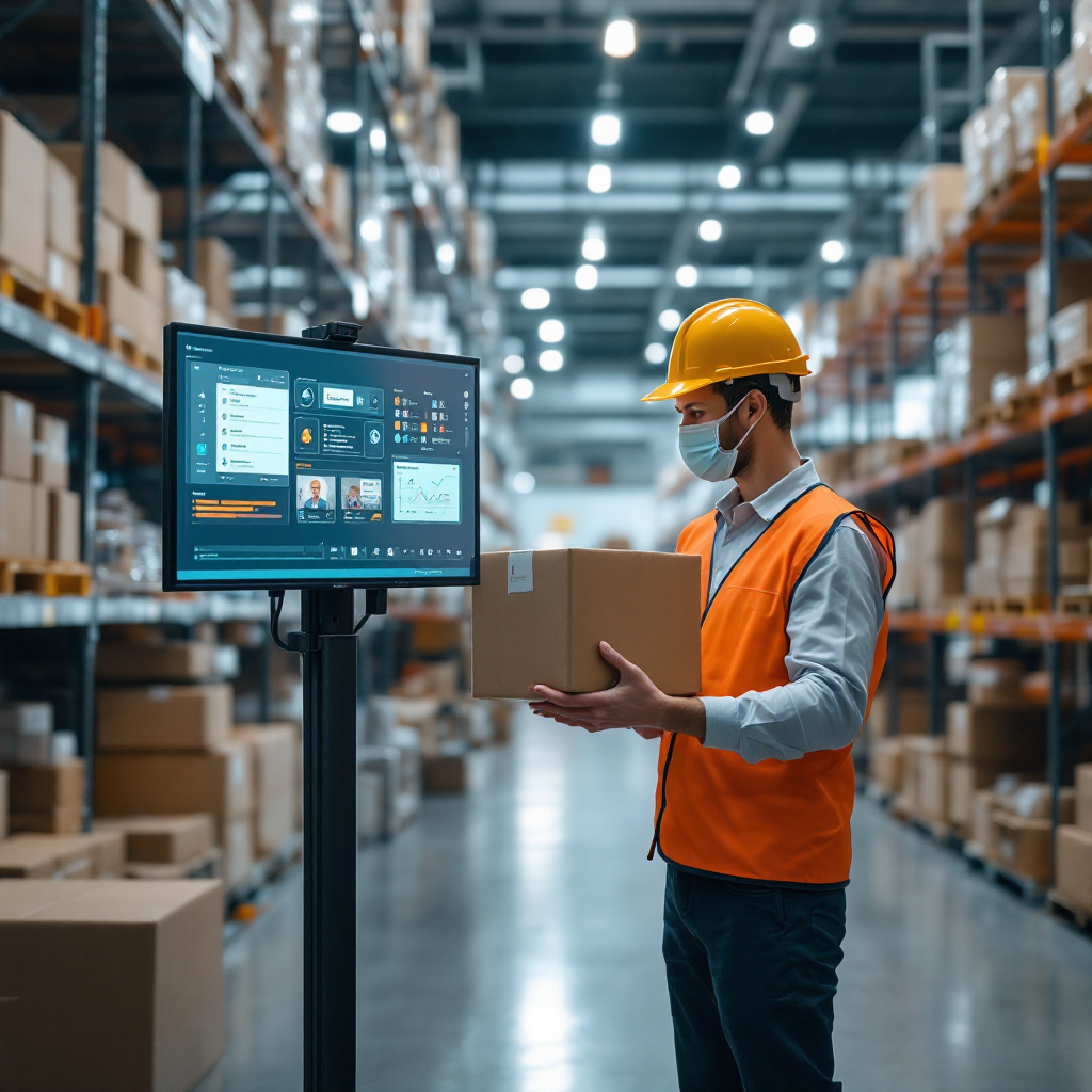 AI extracting order data and AMR picking A split-screen showing AI pulling order data from an email into an ERP on one side and an AMR picking items in a warehouse on the other, clean modern interface, no text