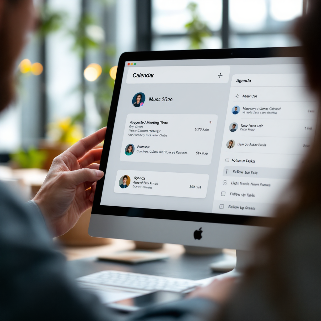 A calendar UI showing an AI-suggested meeting time card, an agenda auto-filled from an email, and follow-up task list, in a modern interface