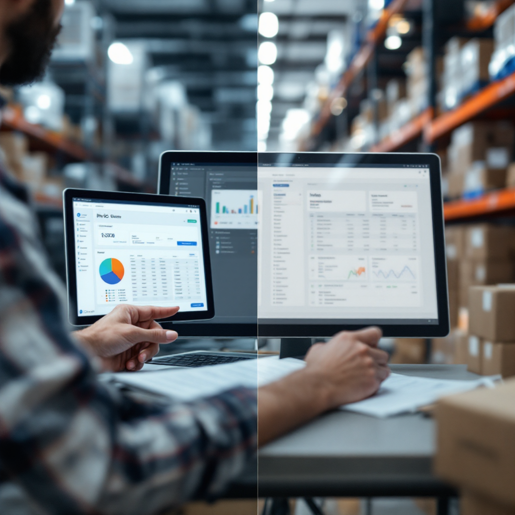A split-screen comparison: left side shows a busy inbox and manual data entry into spreadsheets; right side shows an AI agent automatically extracting invoice fields and updating an ERP dashboard. Clean icons, no text or numbers.