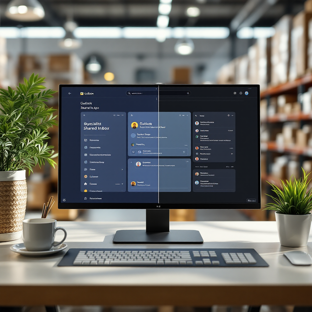 A conceptual split-screen image showing a corporate Outlook interface on one side and a specialist shared inbox app on the other, no text or logos, modern UI elements only
