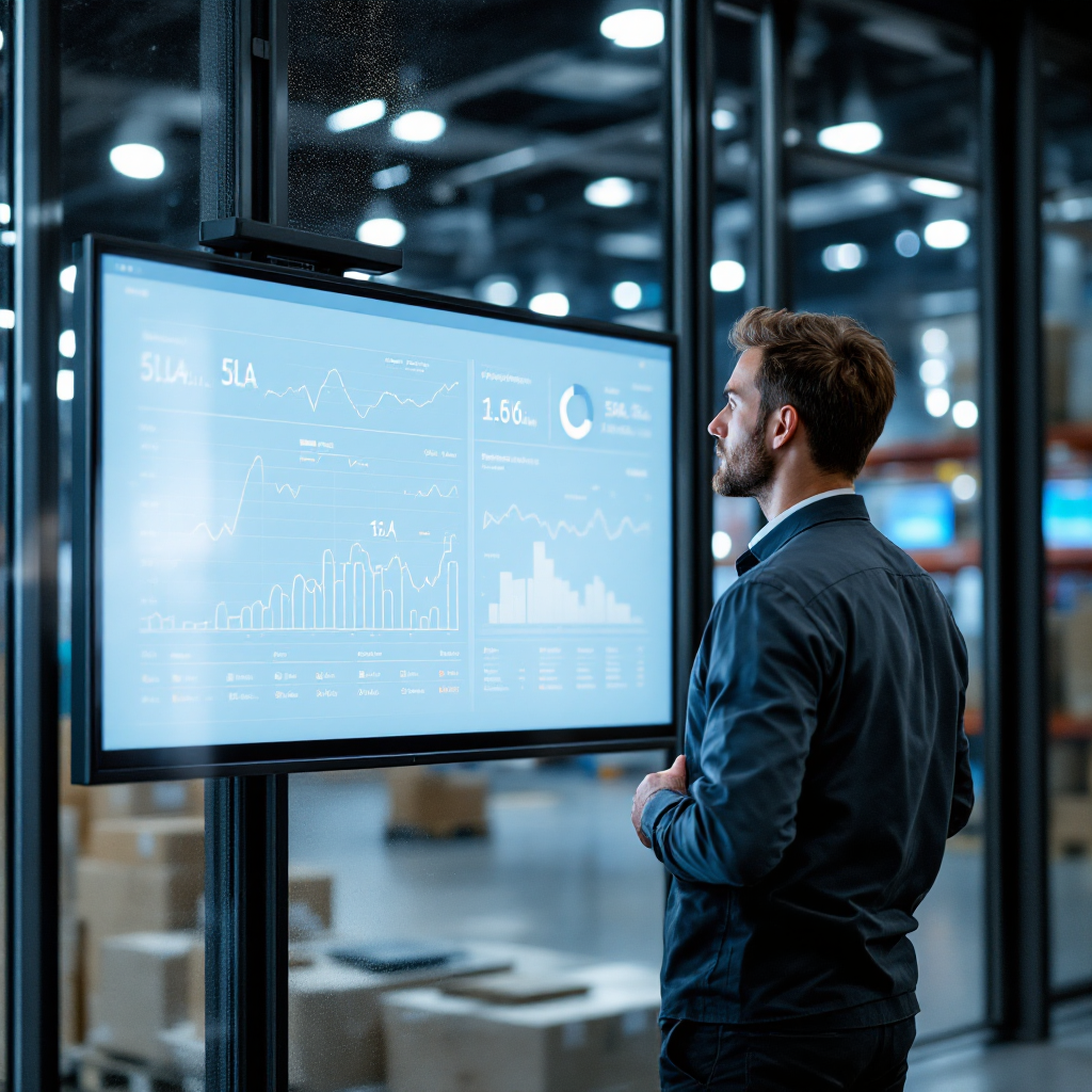 An operations manager looking at a dashboard showing automated workflow stats, SLA attainment, and shipment tracking lines on a large screen. No visible text or numbers.