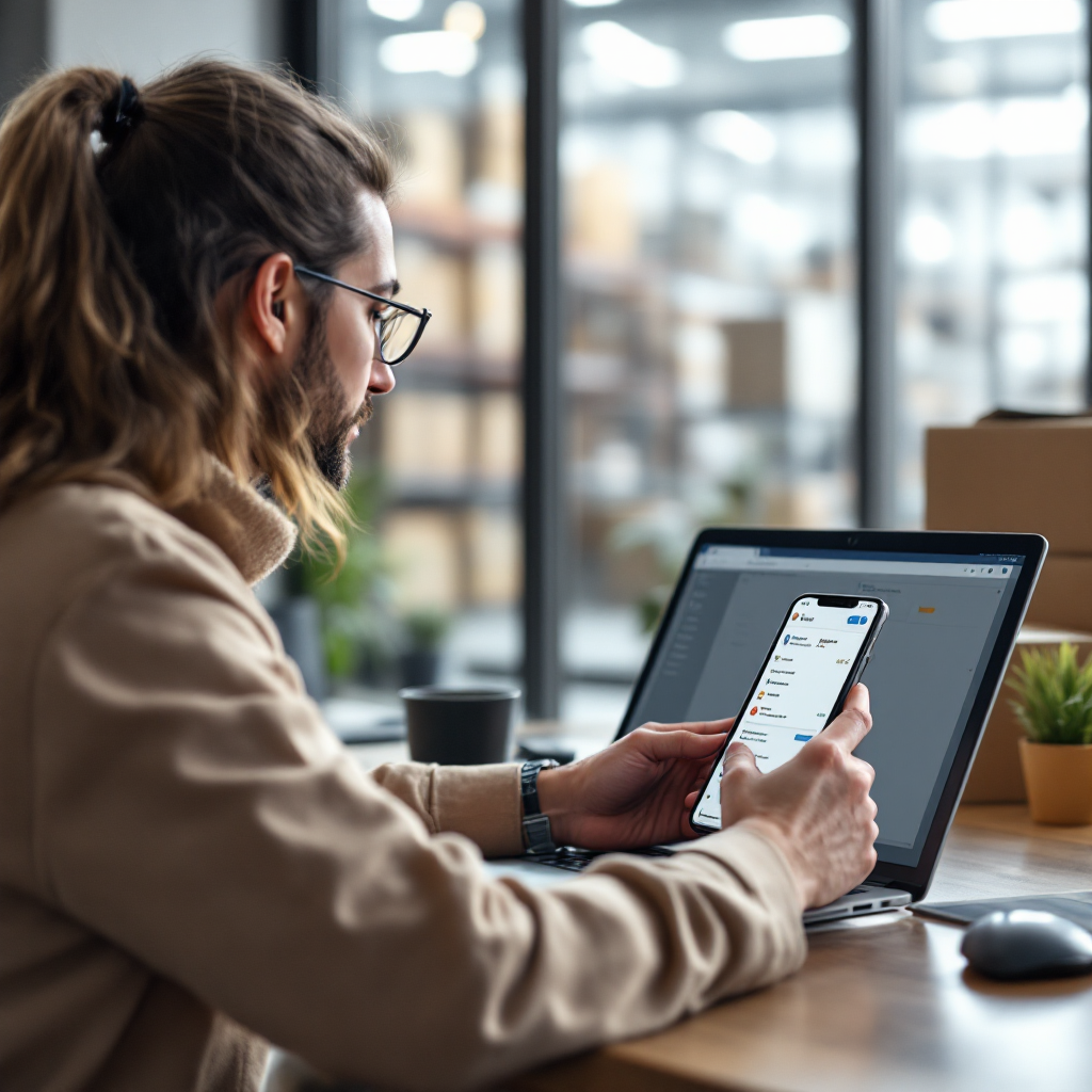 Operatore logistico che utilizza email integrata e ERP su laptop