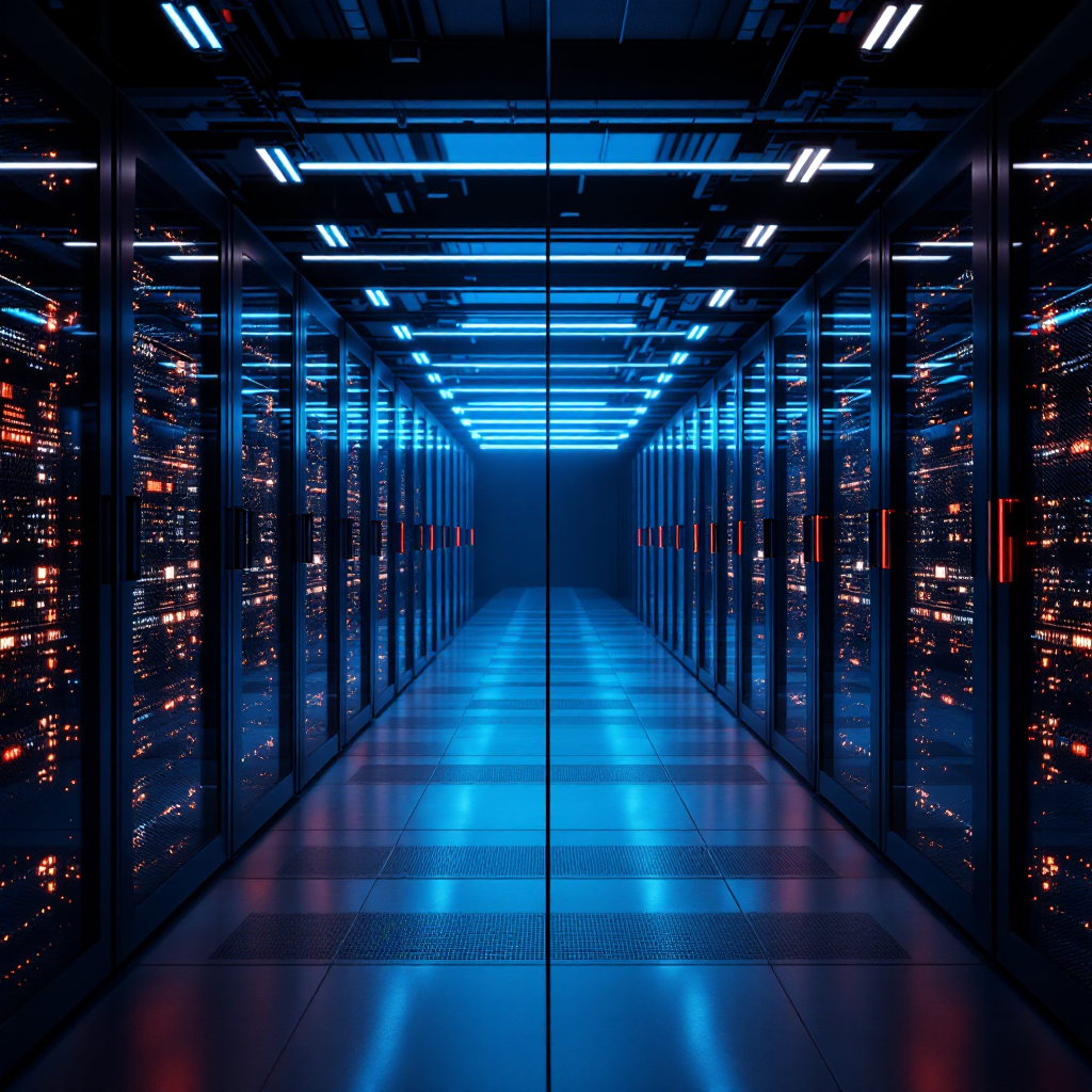 A split-screen showing a secure server room on one side and an email client on the other, indicating enterprise-grade security for AI email systems, no text or numbers