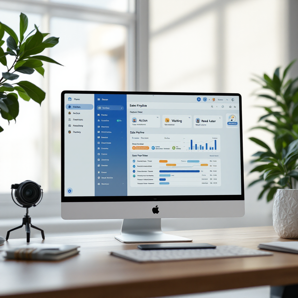 A split-screen showing a smart inbox with folders labeled Action, Waiting, Read-Later and a sales pipeline board, clean UI, no text