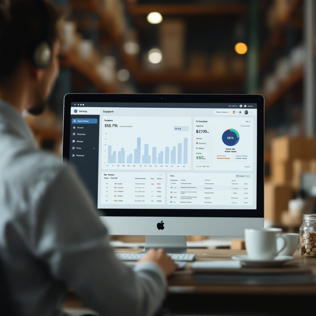 A support team dashboard showing real-time KPIs, ticket queues, and a small preview of an AI suggested reply, neutral colors, no text