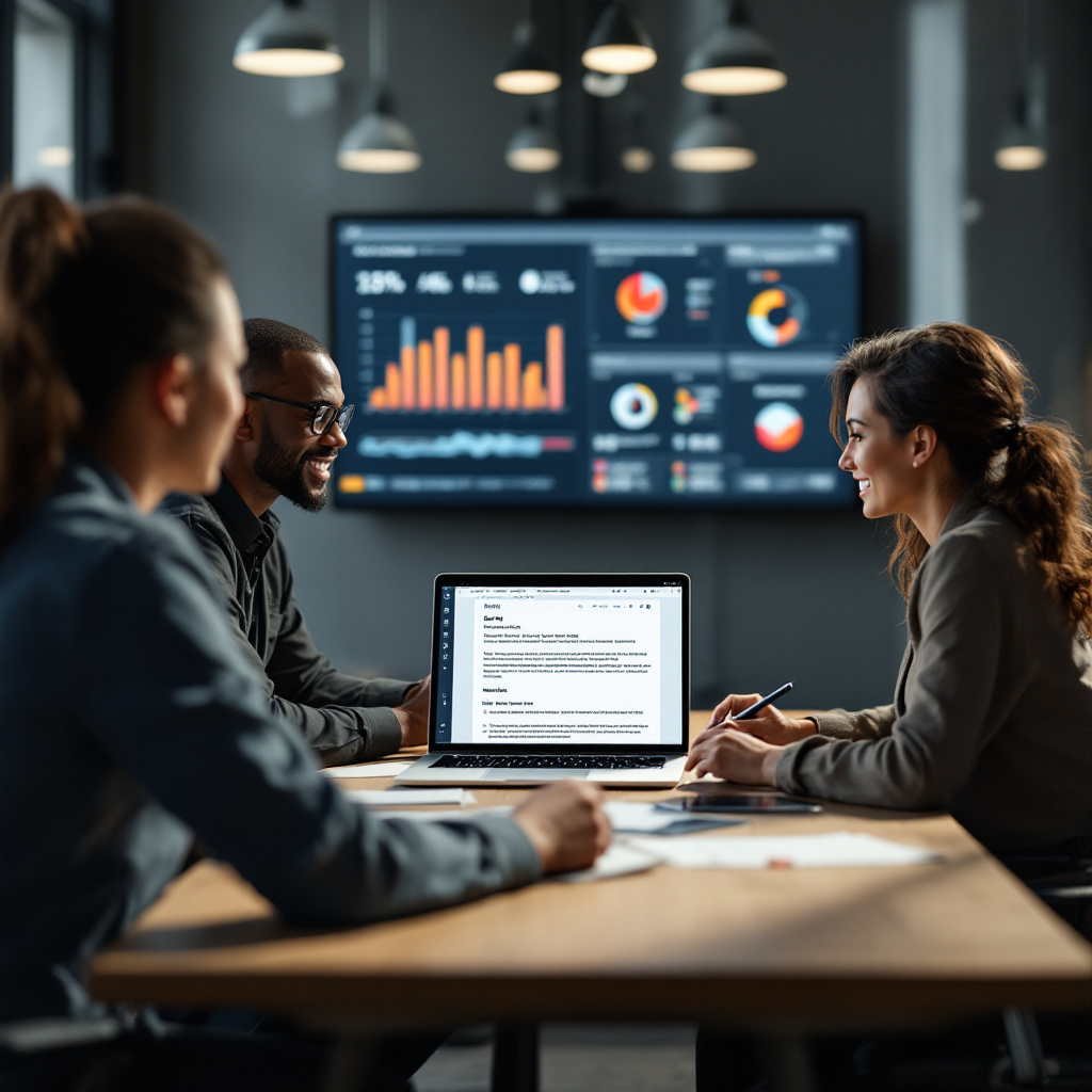A small logistics team in a meeting, a laptop screen shows an email draft suggested by AI with internal notes, a dashboard with kpis visible on a wall monitor