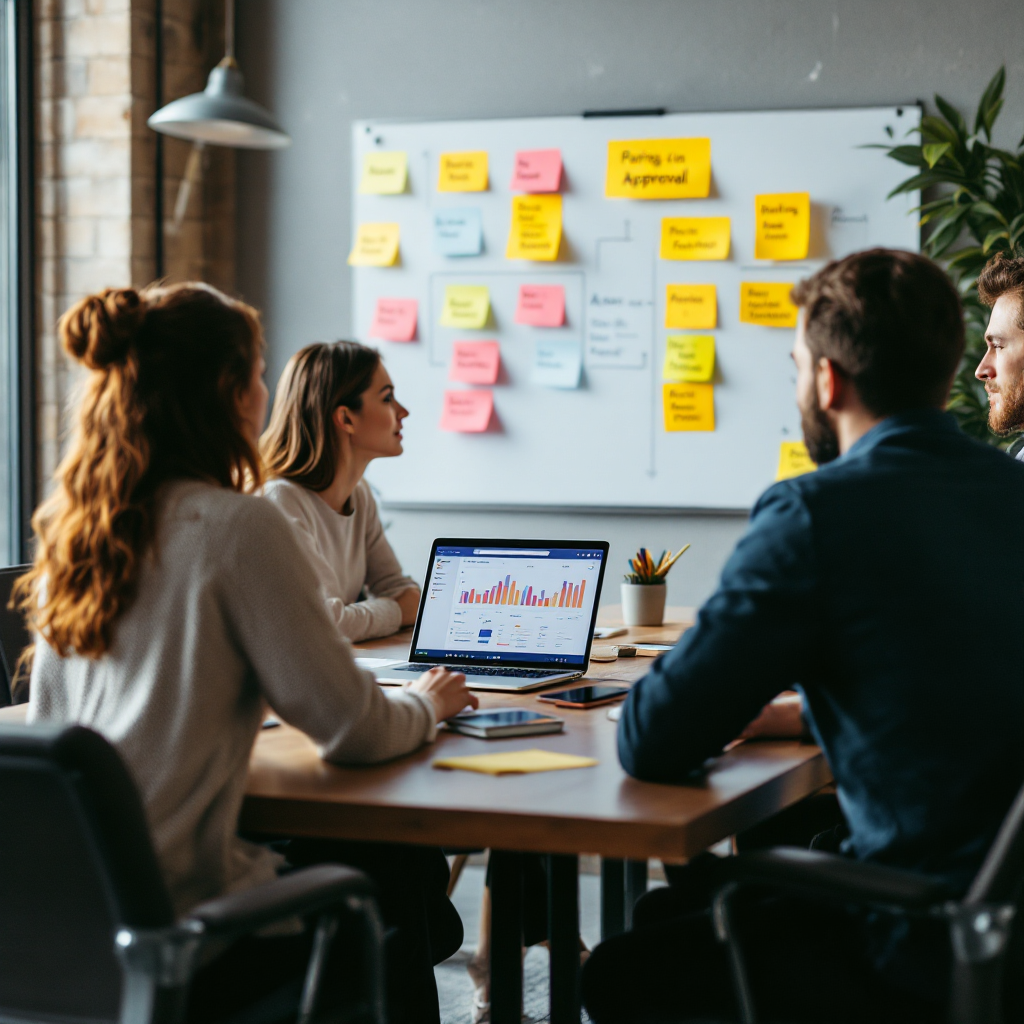 Team che pianifica un pilot TMS per le email con mappe dei processi