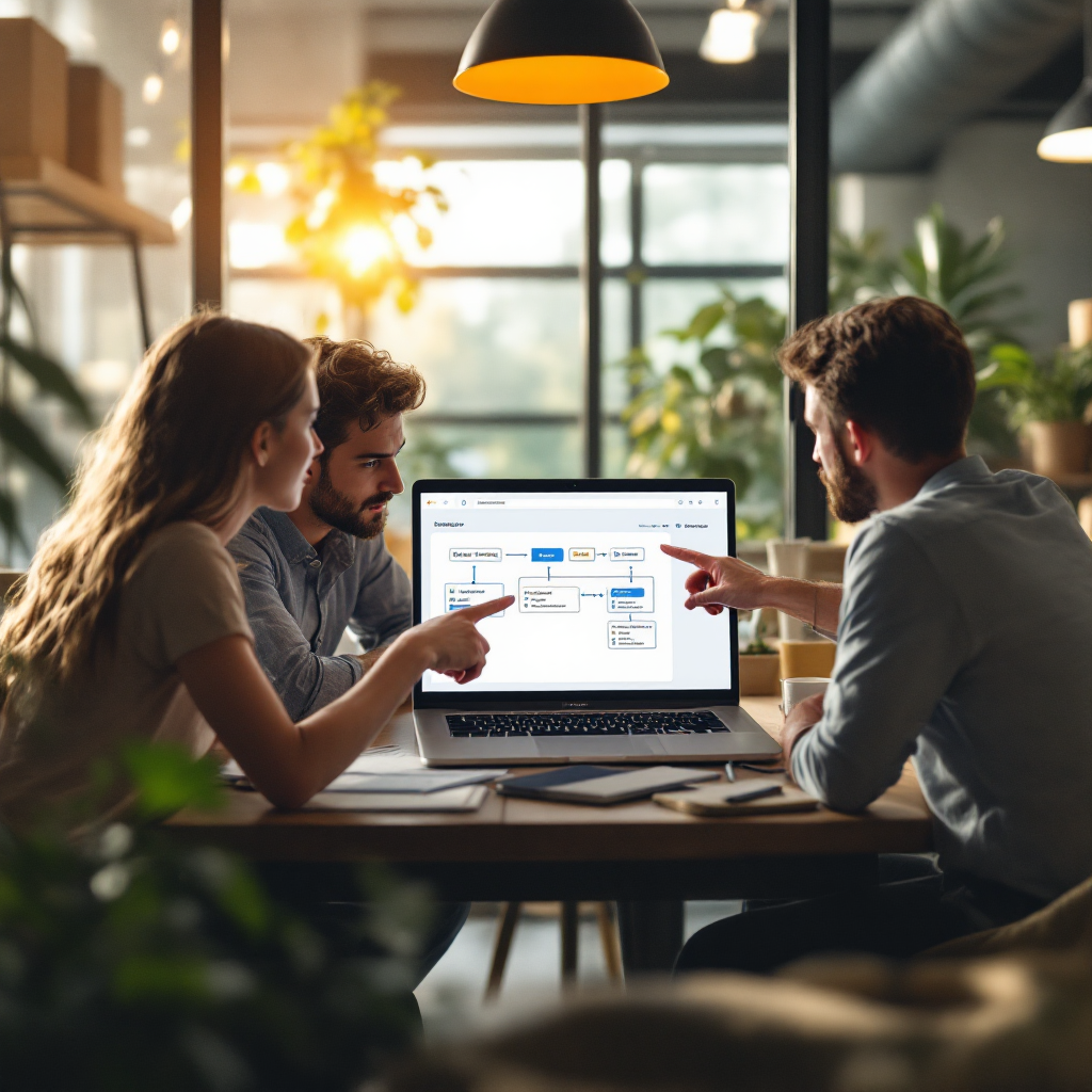 A small team meeting around a table with a laptop showing a flowchart of email automation and templates; warm office setting, people pointing at the screen, no text