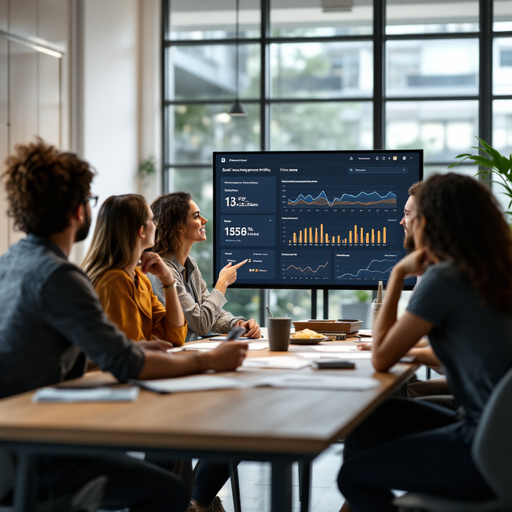 A collaborative team meeting with people reviewing a projected dashboard that shows email response metrics and time saved; clean modern office environment