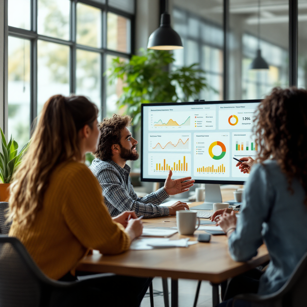 A team meeting reviewing dashboard metrics with charts showing email response time improvements, modern office room, diverse team, bright color palette