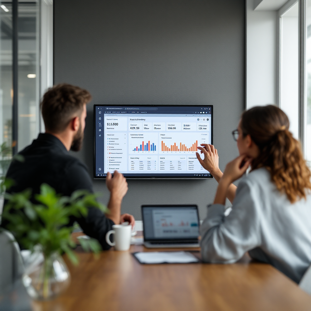 A small team in a modern meeting room reviewing a digital dashboard that shows meeting action items and timelines, with a laptop showing a Copilot-style summary, natural expressions, no text or numbers on screens