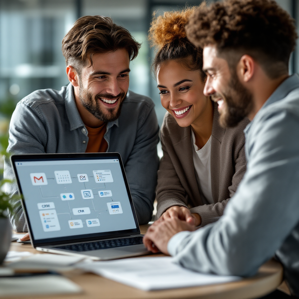 Team zeigt E‑Mail‑Automatisierungs‑Workflows auf Laptop
