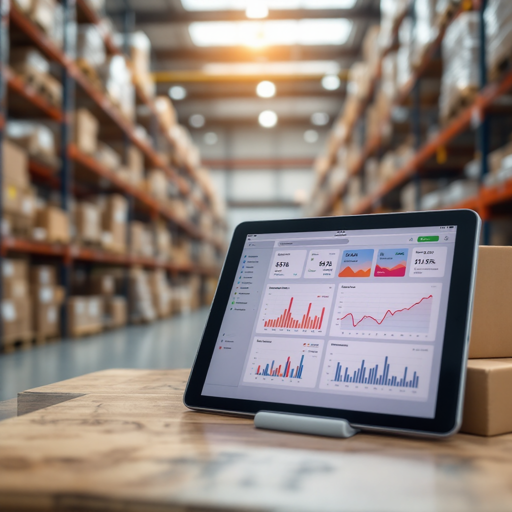 Warehouse scene showing shelves and boxes with a tablet displaying inventory analytics overlay, no text or numbers, bright warehouse lighting