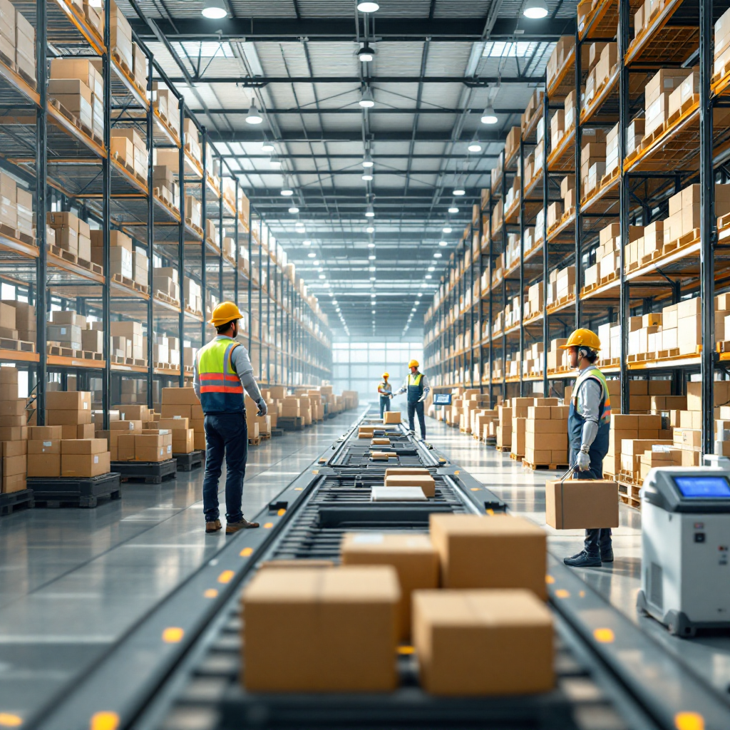 Magazzino con robot e operatori che lavorano insieme